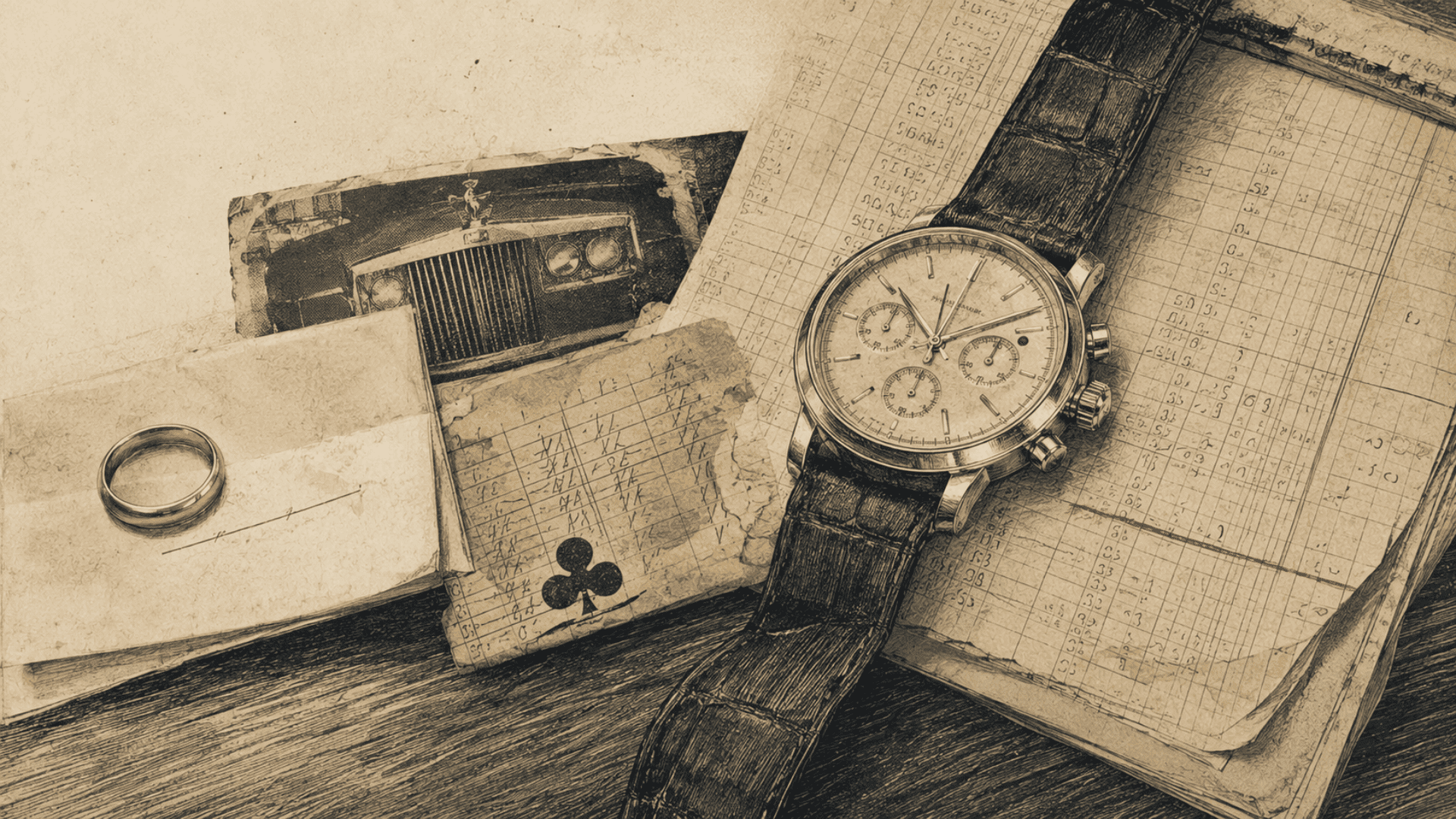 Illustration of a wristwatch, wedding ring, playing card, car photograph and accounting papers.