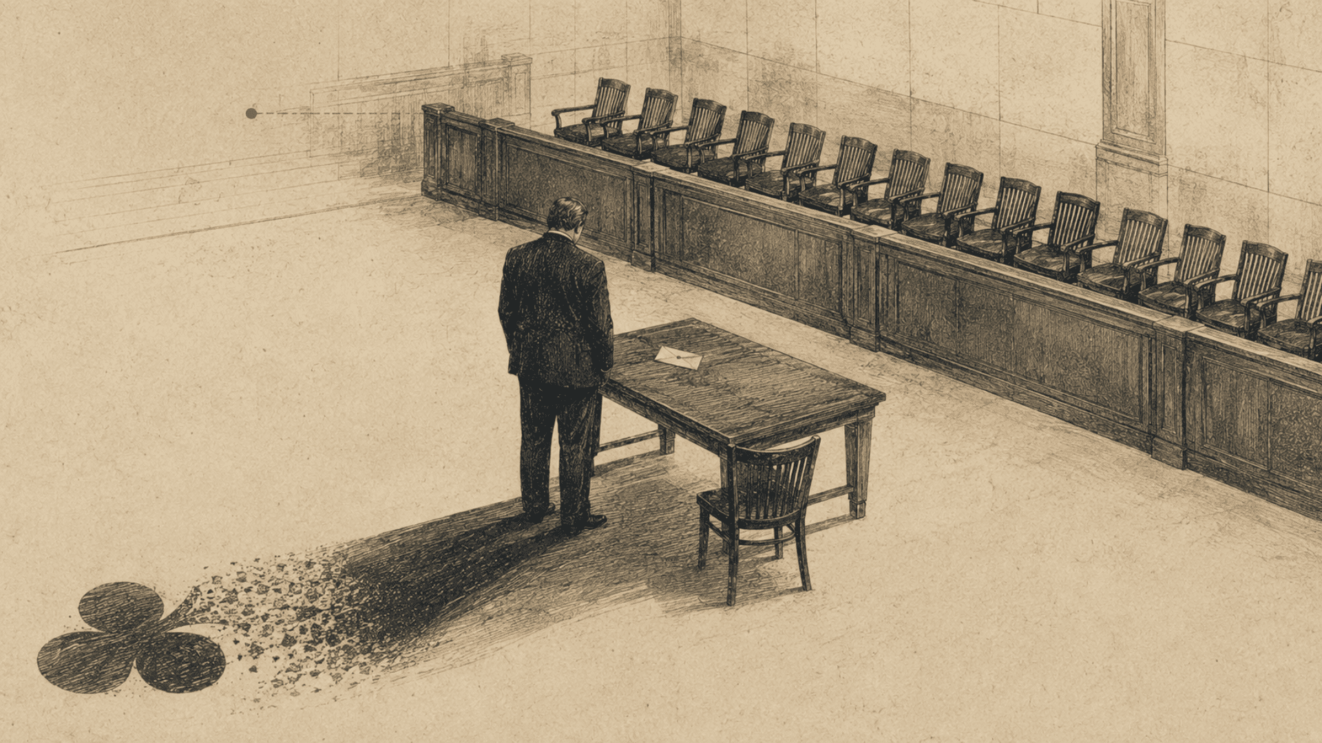 Illustration of a lone man standing at a courtroom table before an empty jury box.