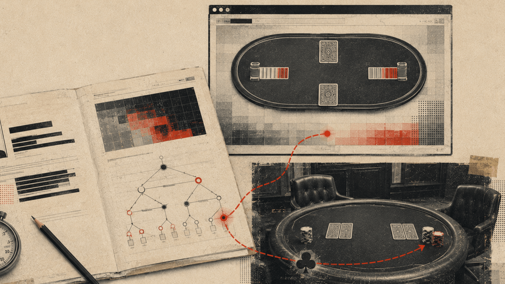 Illustration of a poker strategy dossier, computer simulation and two-player table, connected by red arrows.