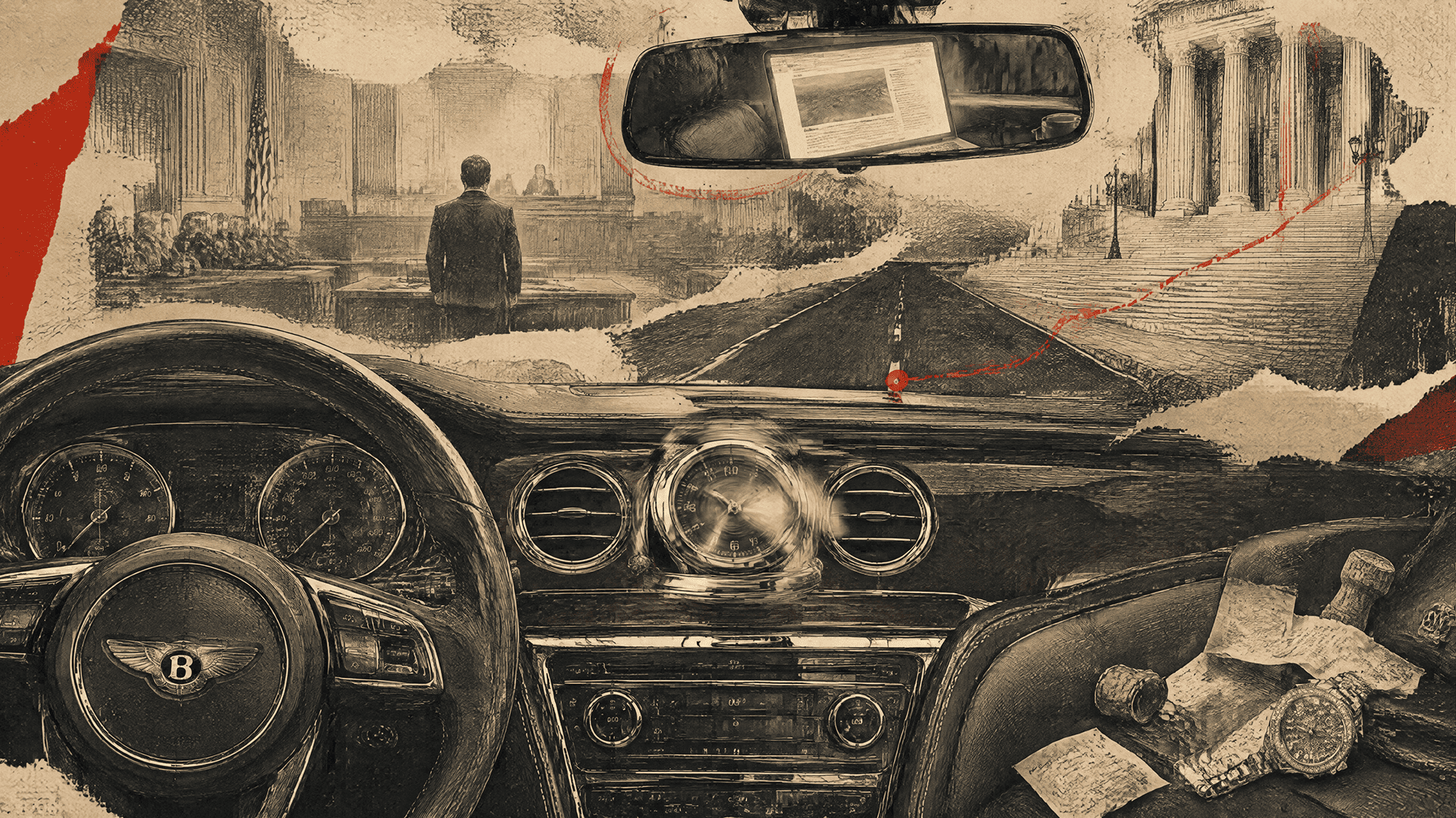 Collage of a Bentley dashboard, legal papers, a watch and courthouse steps.