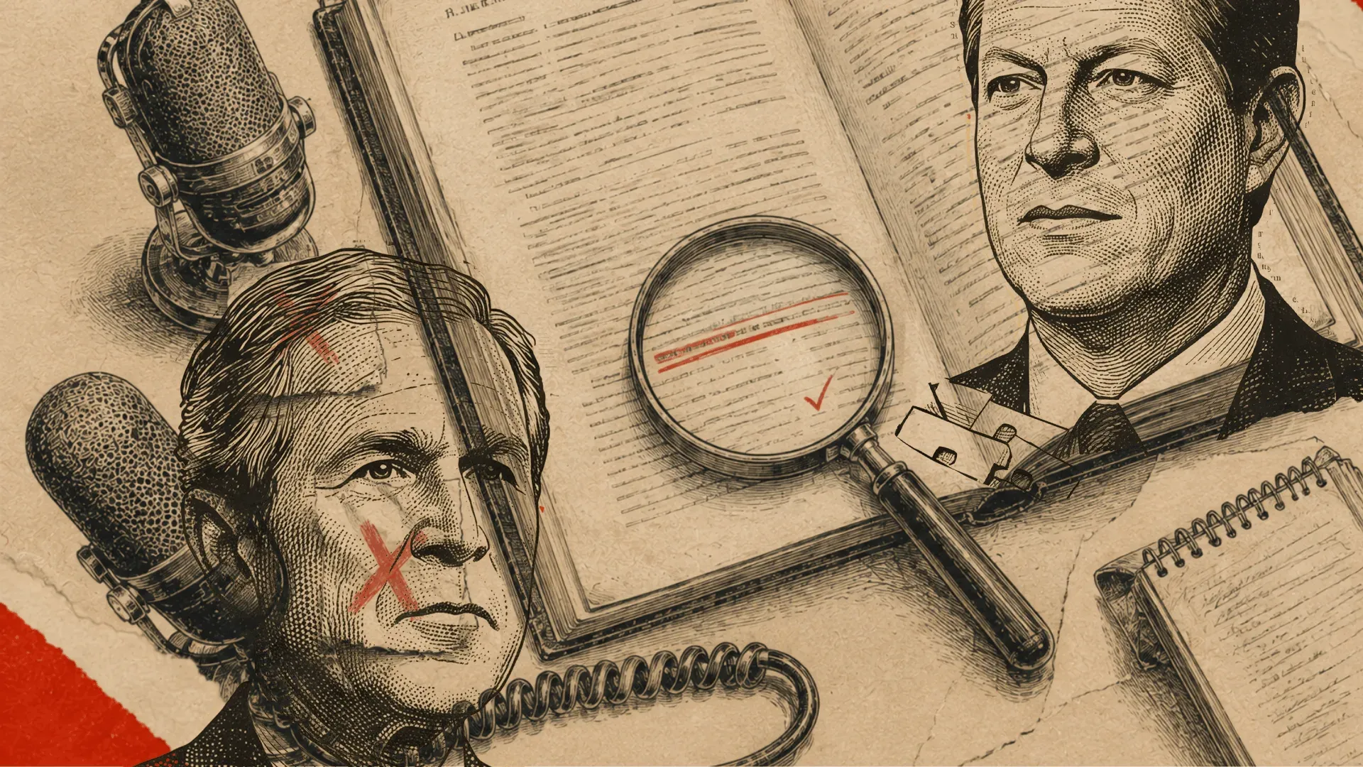 Collage of two politicians’ engraved portraits with microphones, a magnifying glass and an open legal text