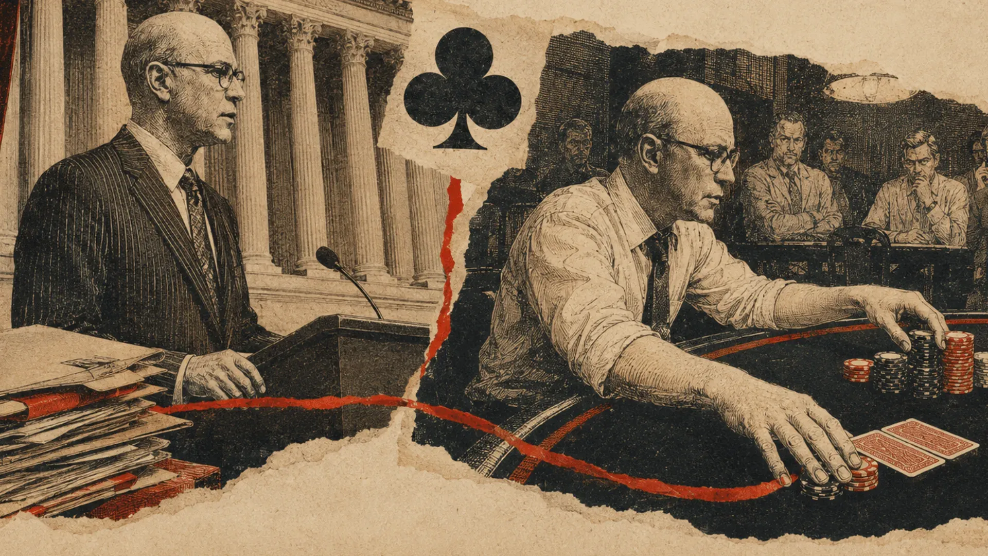Split illustration: Goldstein at a Supreme Court lectern on one side and at a poker table on the other