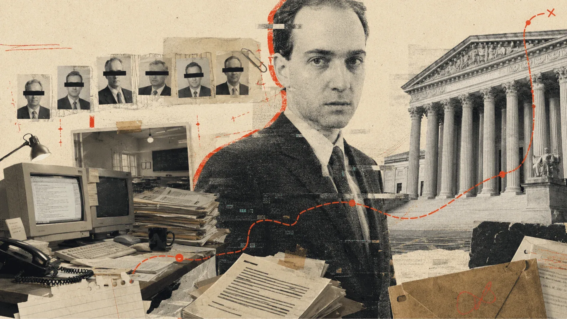 Collage illustration: a young lawyer in front of the Supreme Court, with an office of old computers and a row of redacted photos
