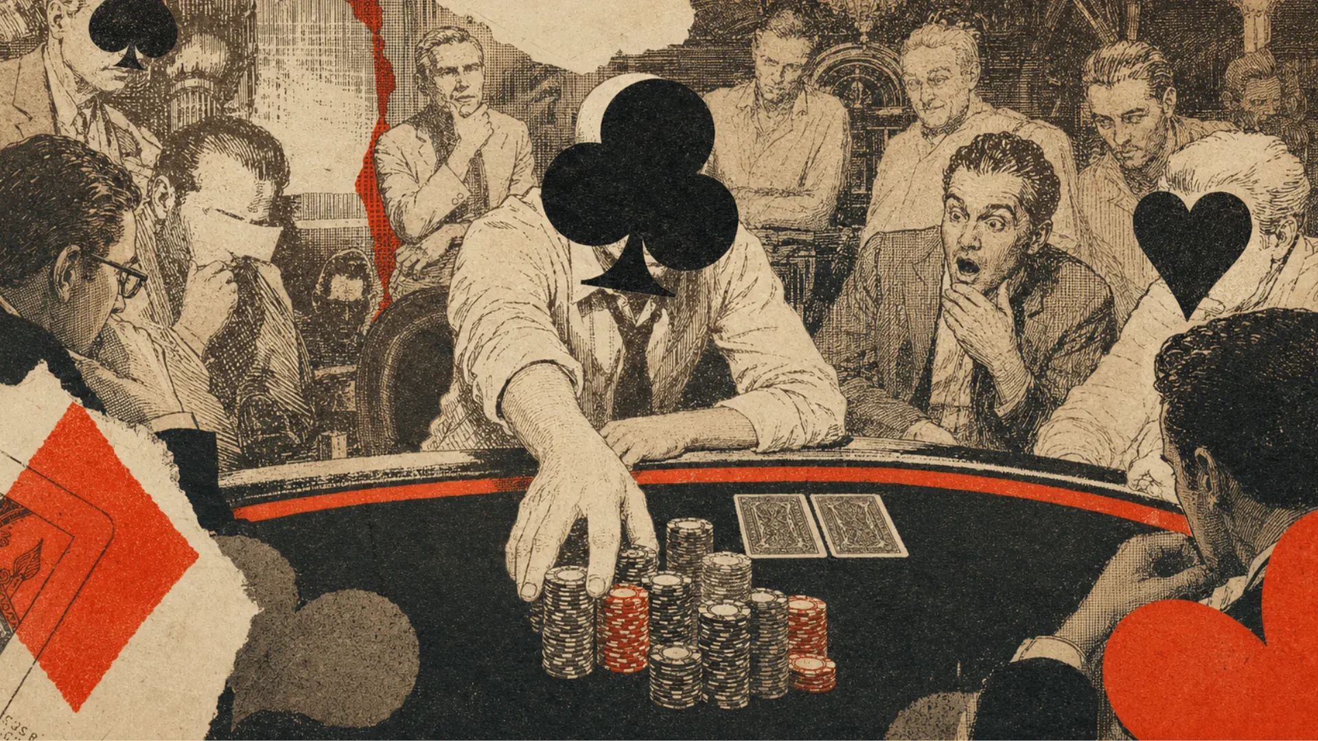 Collage illustration: Goldstein pushes a stack of chips across a high-stakes poker table as other players look on