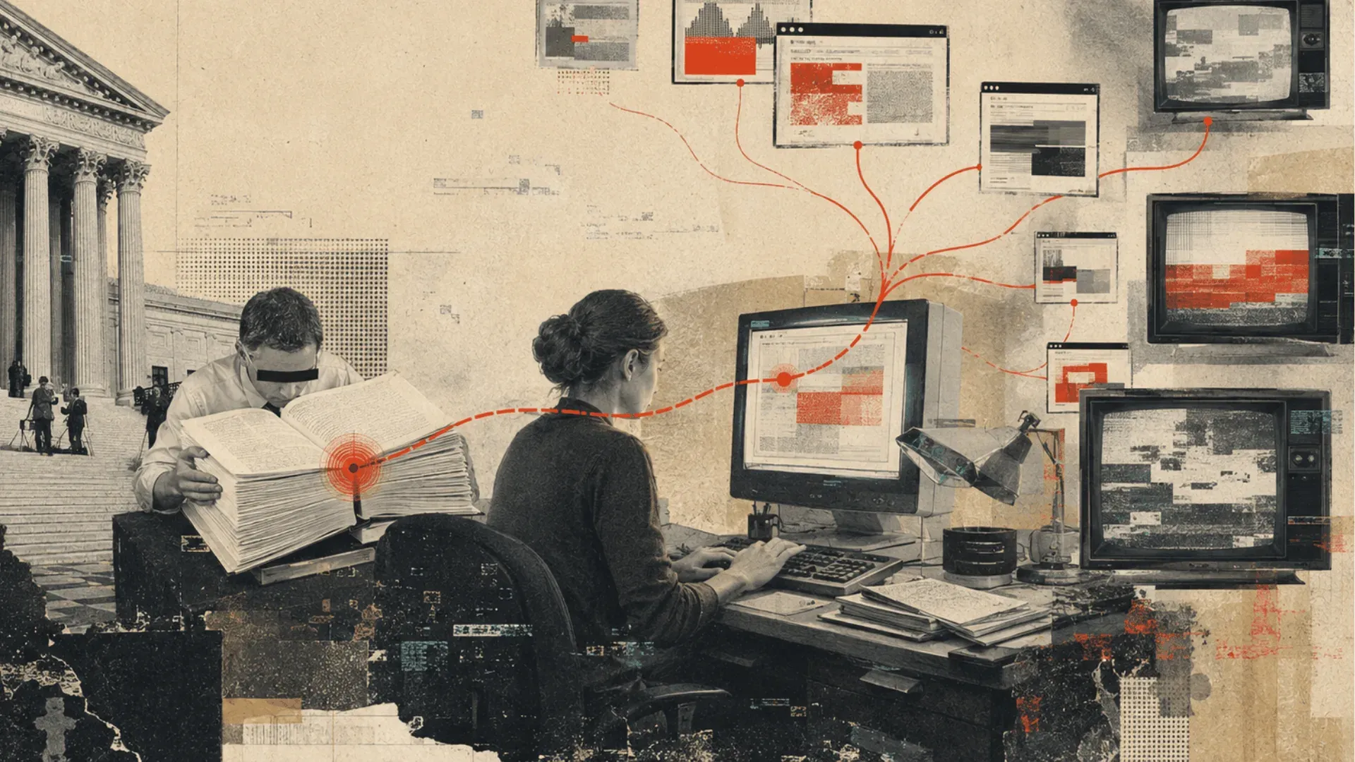 Collage illustration: two people at desks, one reading a law book and one at an early computer, with the Supreme Court behind