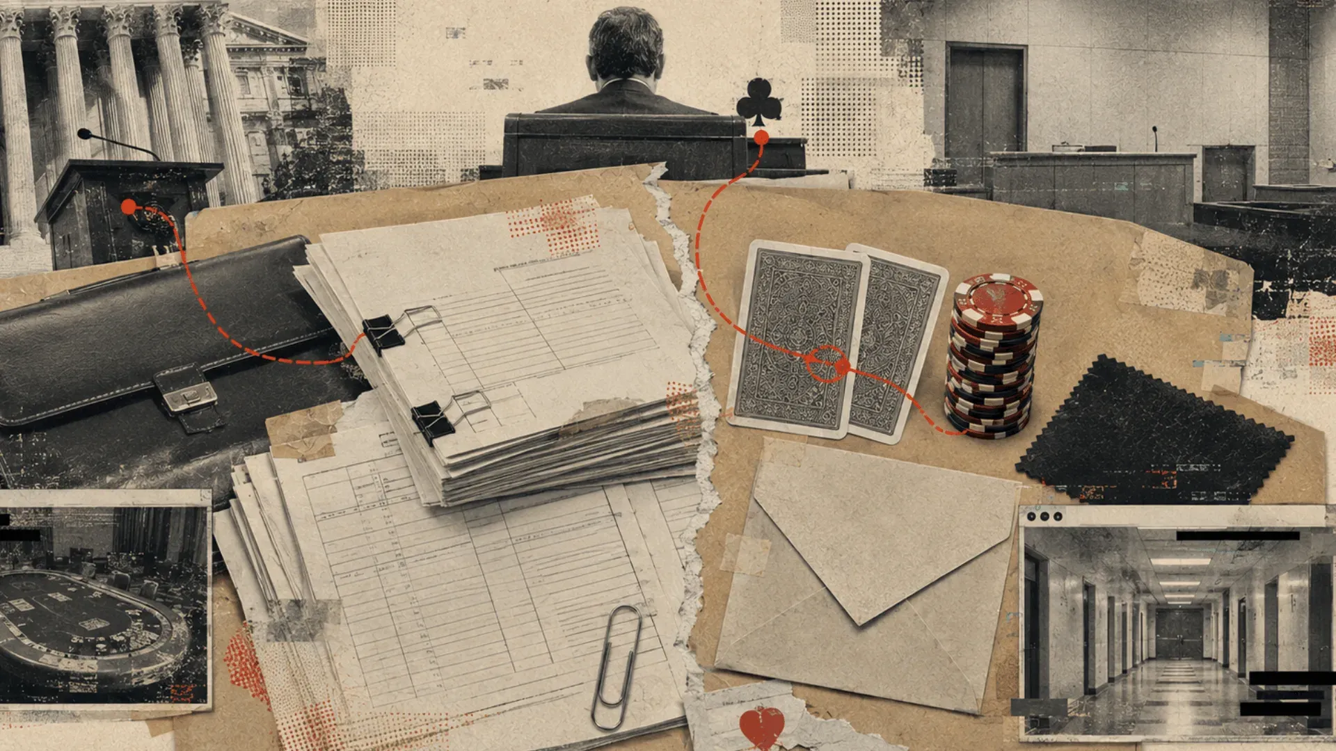 Collage of evidence: tax files, an envelope, playing cards and poker chips laid out in a courtroom