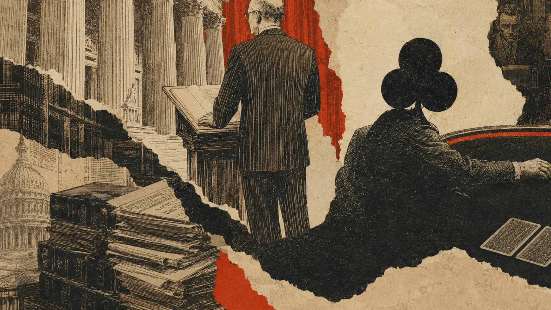 Collage illustration: a lawyer at a courtroom lectern beside a shadowed player at a card table, with case files and the Capitol