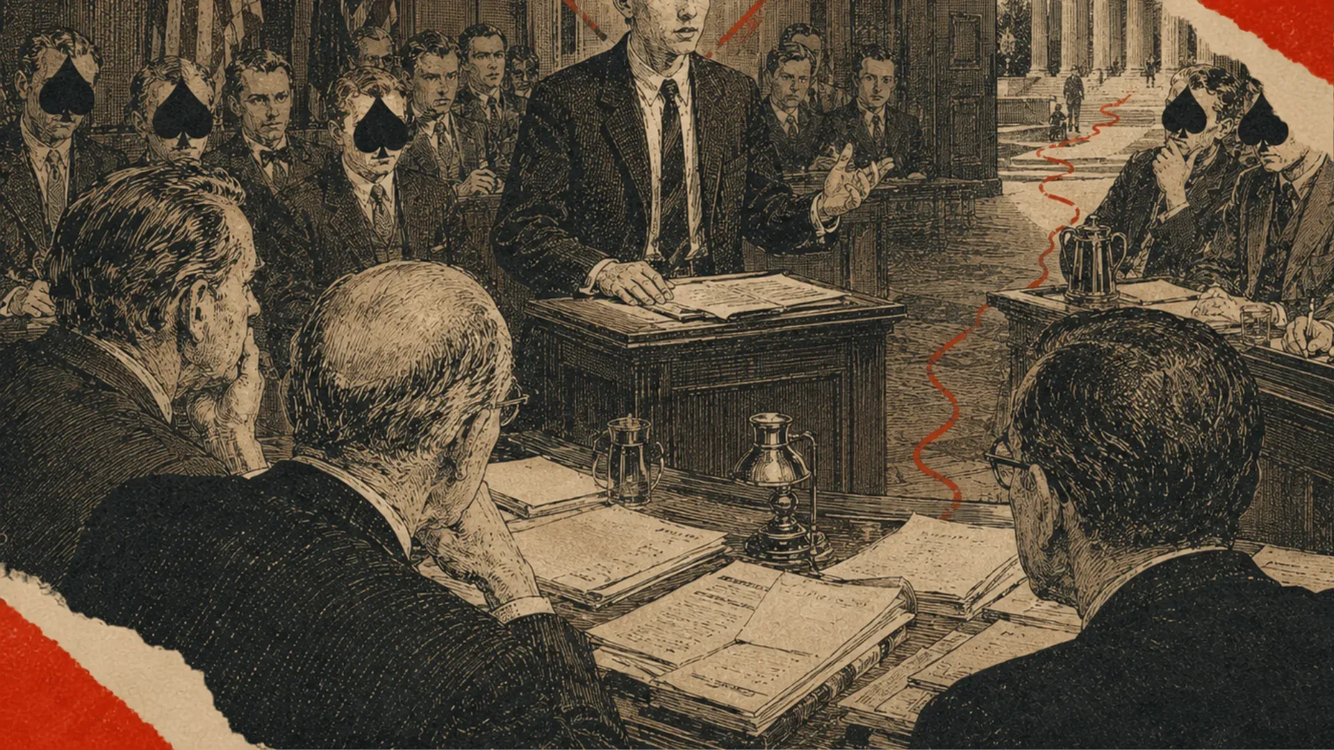 Engraved-style illustration of a lawyer addressing a packed courtroom