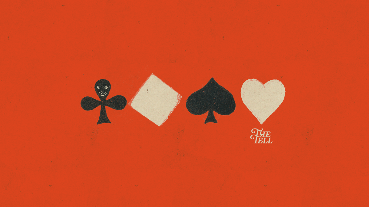 Club, diamond, spade and heart symbols on an orange-red background.