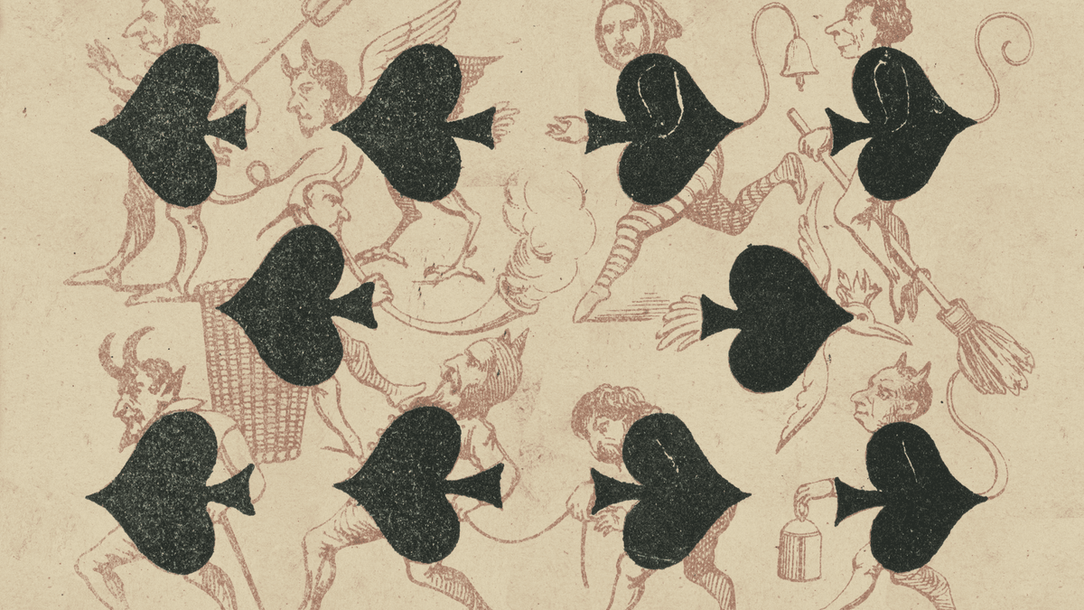 Black spade symbols over sepia drawings of horned figures on cream paper.