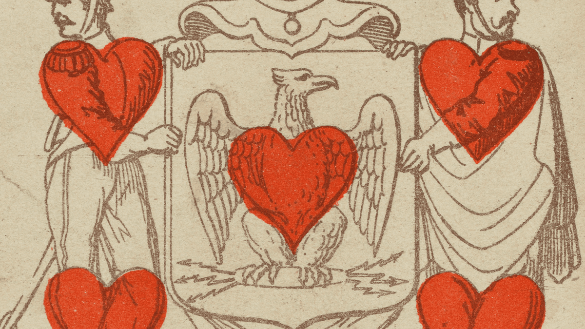 Illustration of red hearts layered over figures from playing cards.