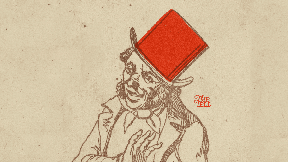 Illustration of a joker-like playing-card figure wearing a red box-shaped hat, beside The Tell lettering.