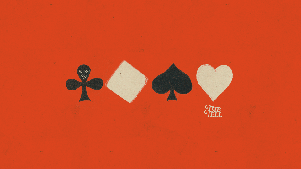 Club, diamond, spade and heart symbols on an orange-red background.