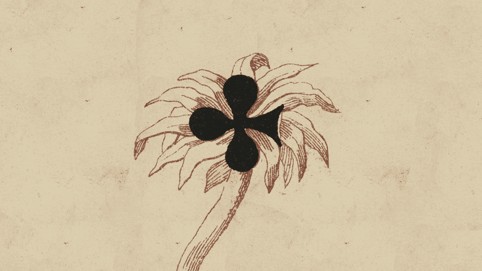 A black club symbol over a delicate flower drawing on cream paper.