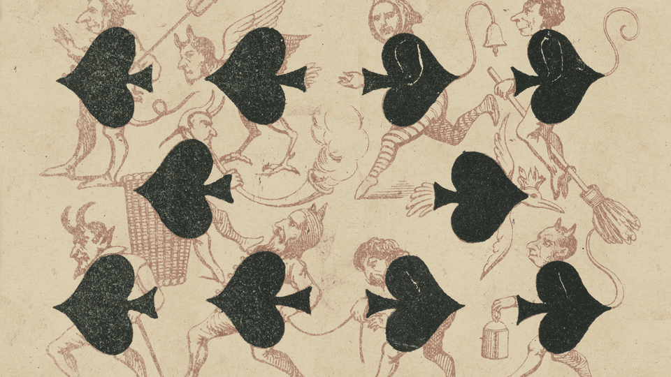 Black spade symbols over sepia drawings of horned figures on cream paper.
