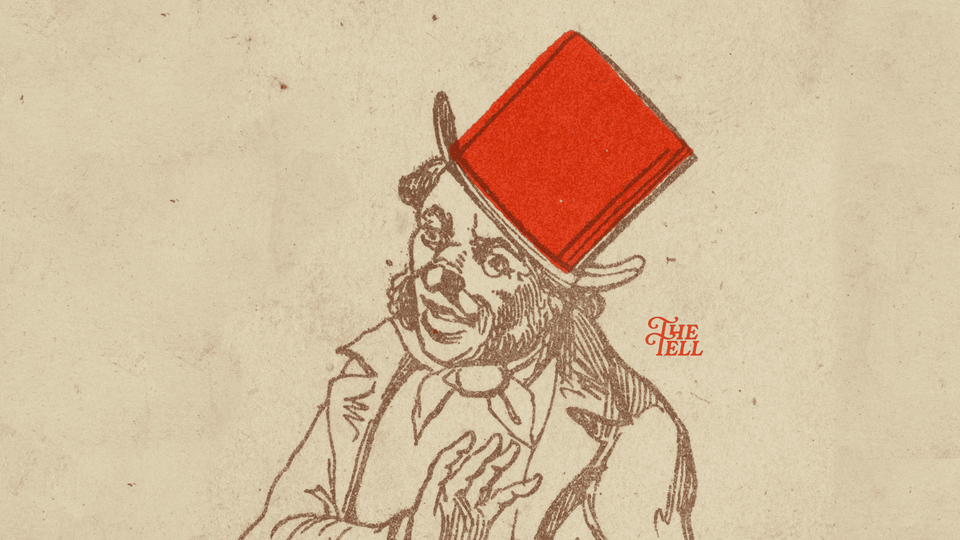 Illustration of a joker-like playing-card figure wearing a red box-shaped hat, beside The Tell lettering.