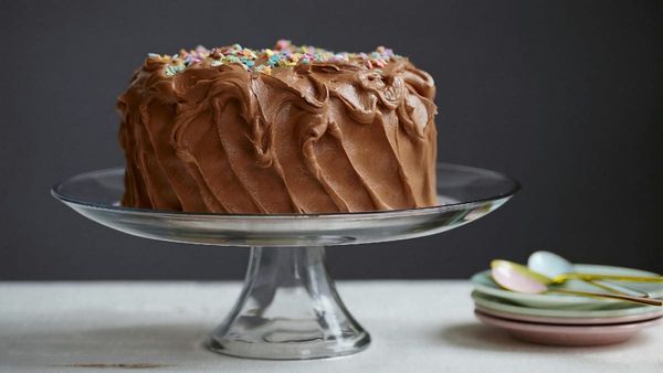 A homemade chocolate birthday cake with colorful sprinkles resting on a glass stand against a soft, moody grey background.