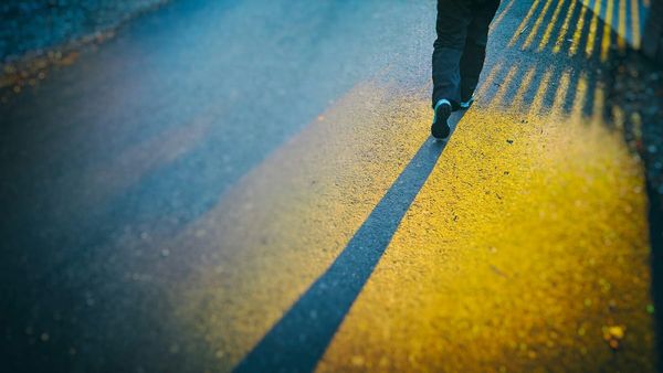 An artistic photograph of a person walking away down an asphalt road, casting a very long shadow in warm golden hour sunlight.