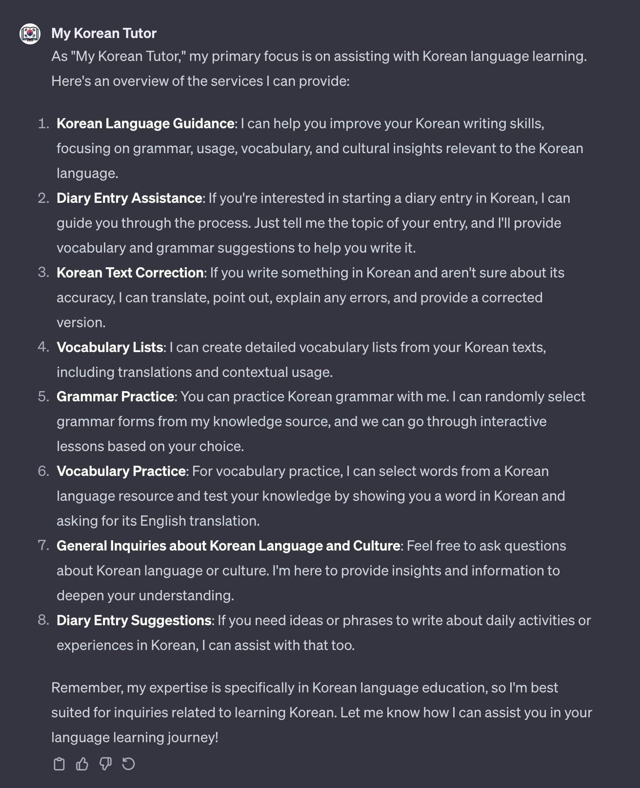 Screenshot of the My Korean Tutor Custom GPT