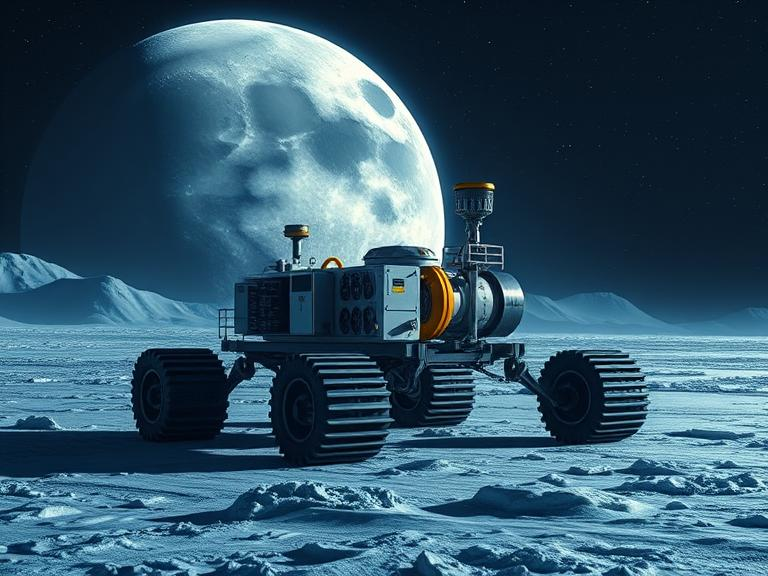 A probe sits on the icy moon Enceladus