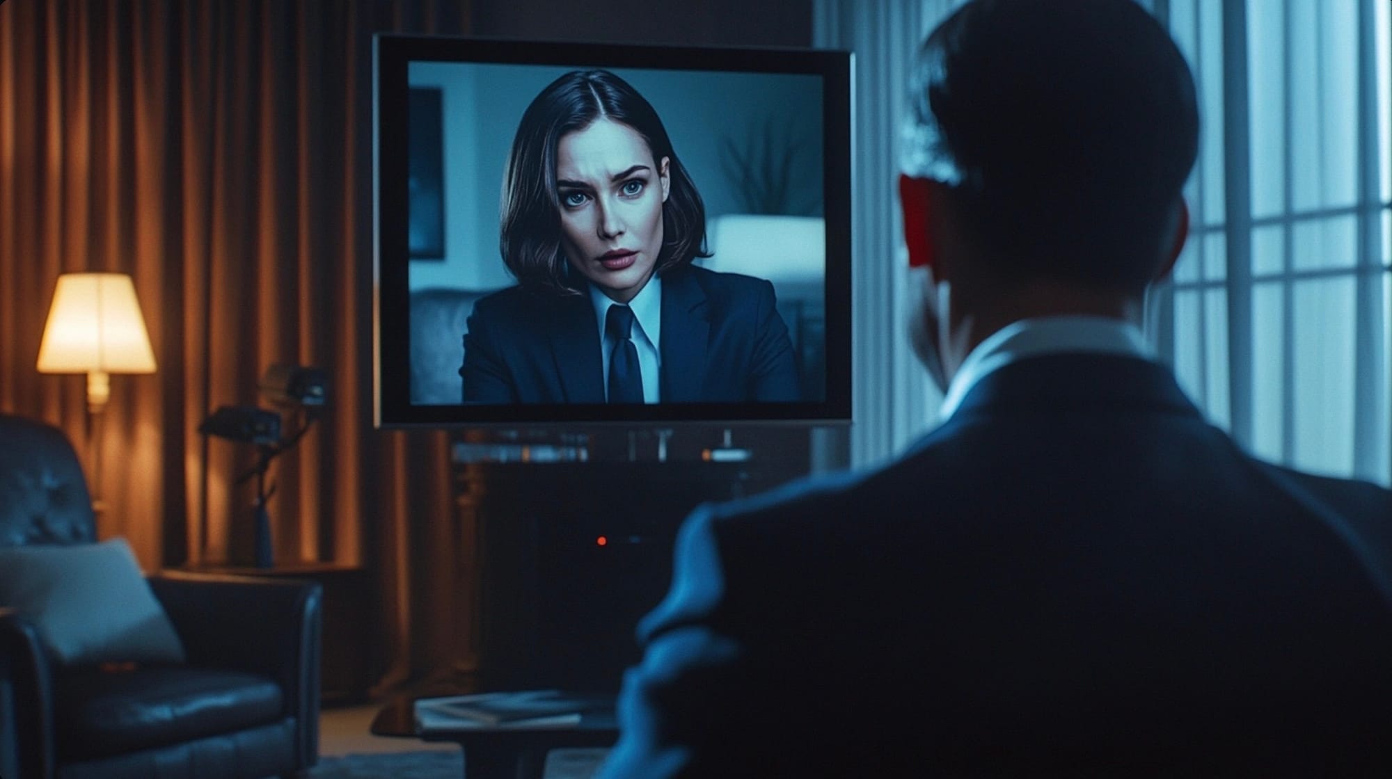 a nervous middle aged russian male agent in business attire sitting alone facing a large monitor displaying a photorealistic 3D woman