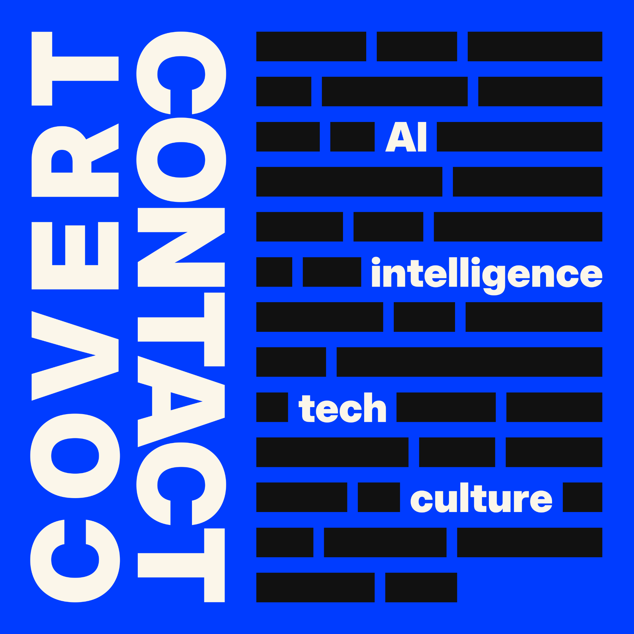 Covert Contact cover with cream lettering and black redaction bars on blue, highlighting AI, intelligence, tech and culture.