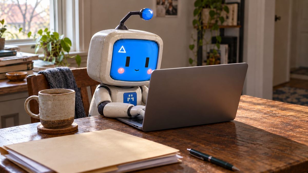 Ami, a blue-faced robot, sits at a wooden desk using a laptop, with a mug and folder of papers nearby