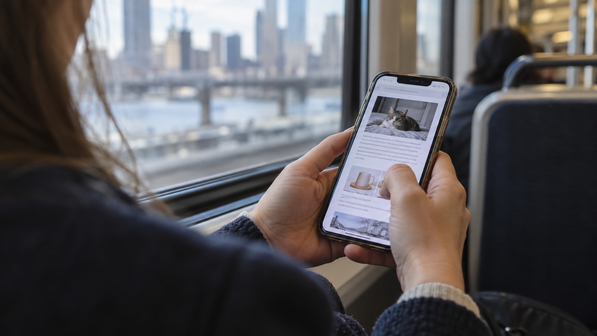 A commuter holds a smartphone displaying a cat photo and product tiles in a web browser beside a train window.