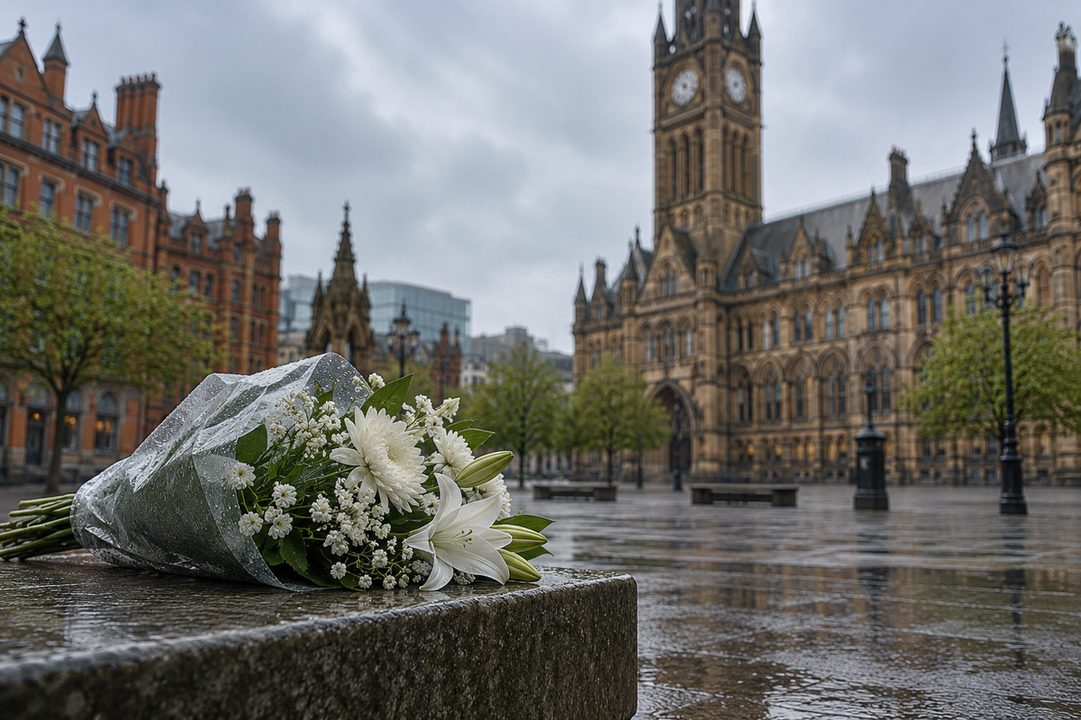 AI-generated symbolic image of white flowers on a rain-wet stone ledge in a quiet Manchester civic square.