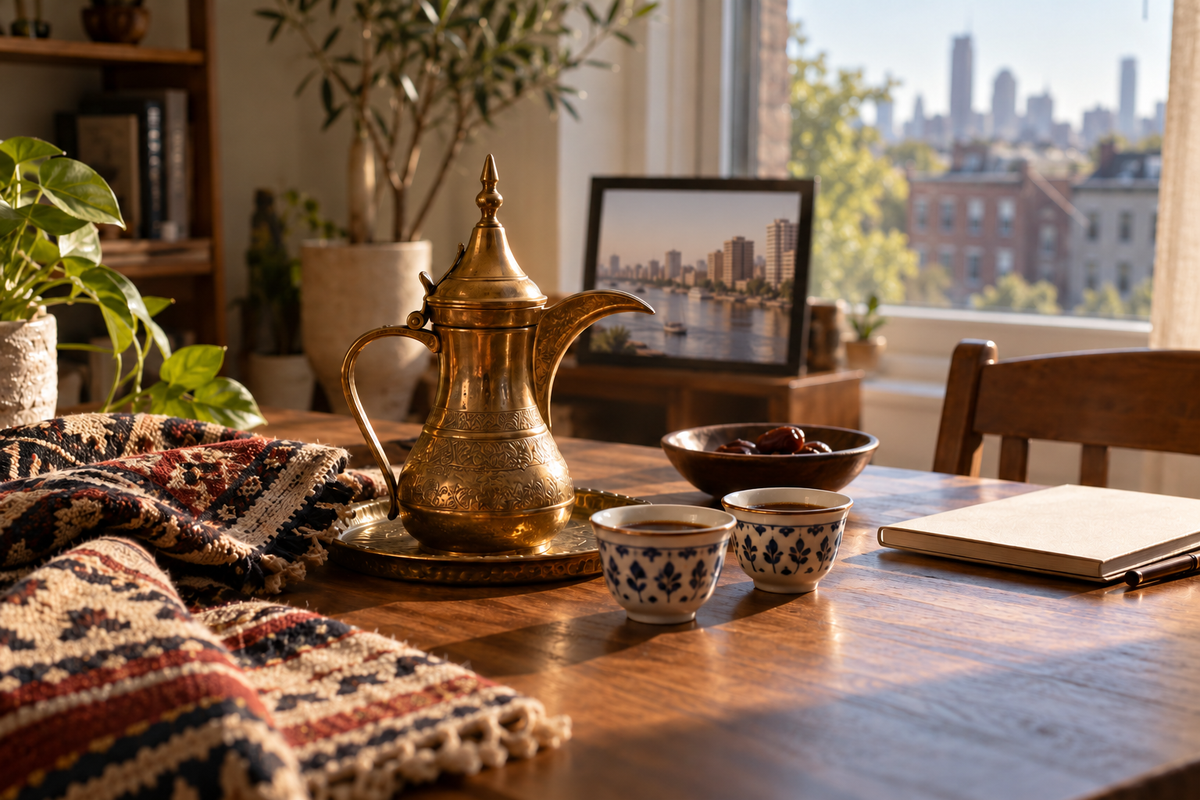 AI-generated editorial still life of a brass coffee pot, cups, woven textile, and notebook in an American apartment, with a framed Nile riverside photograph.