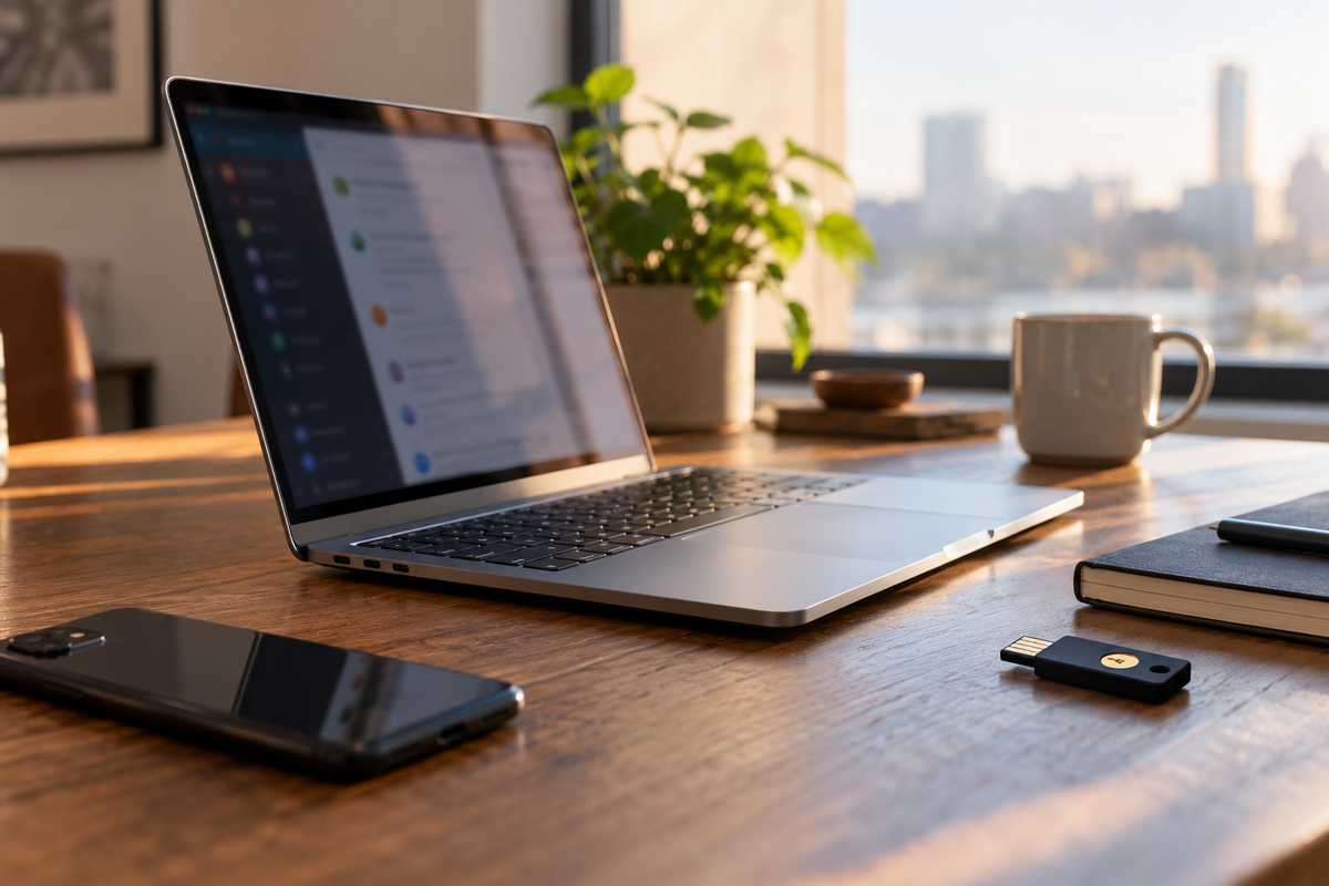 AI-generated editorial image of a laptop, smartphone, and USB security token on a sunlit wooden desk.