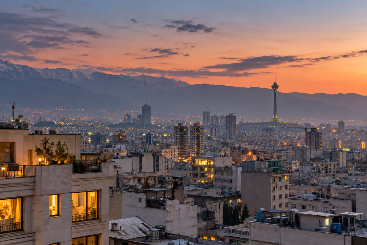 AI-generated editorial image of Tehran at dusk, with Milad Tower, dense urban buildings, and the Alborz mountains.