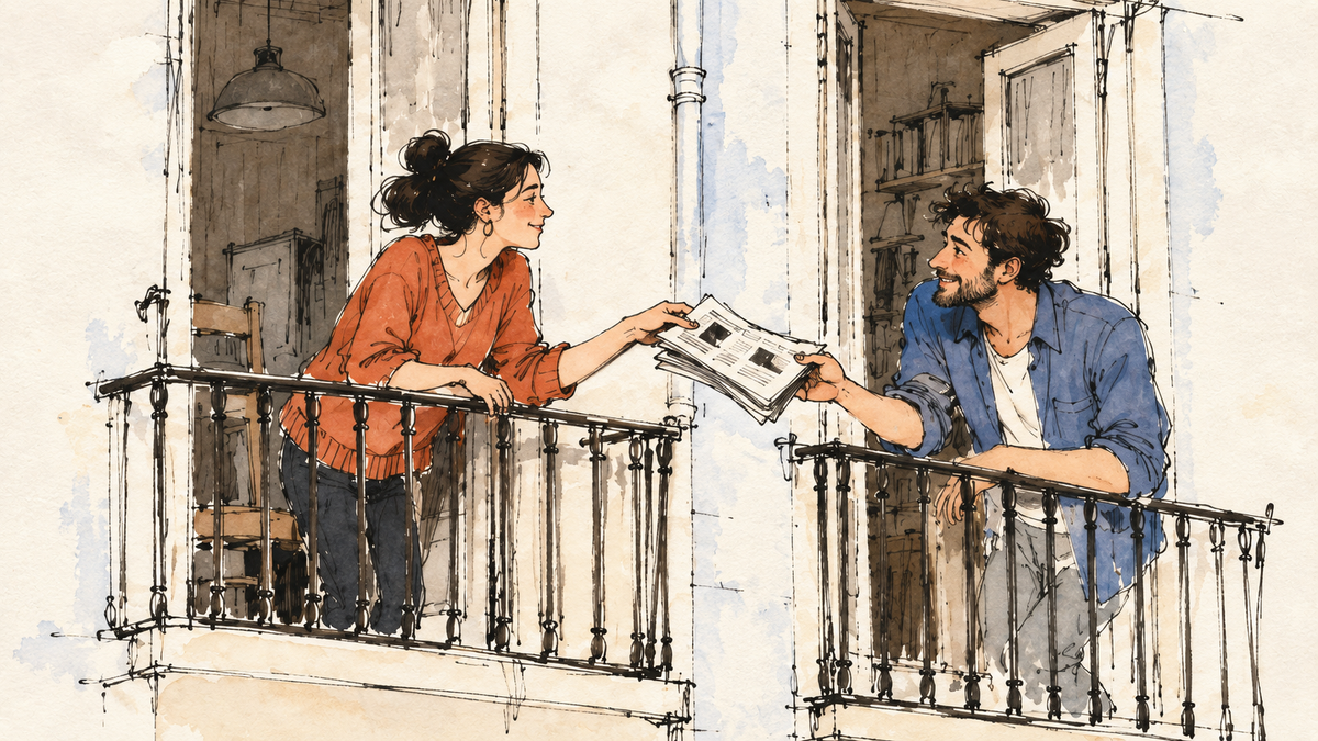 Two neighbors share a newspaper across adjoining balconies against warm off-white plaster walls, drawn in loose ink and watercolor.