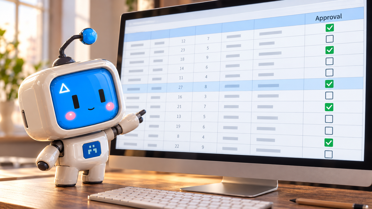 AI-generated image of the agent reviewing a large spreadsheet with checked and unchecked approval boxes on a desktop monitor.