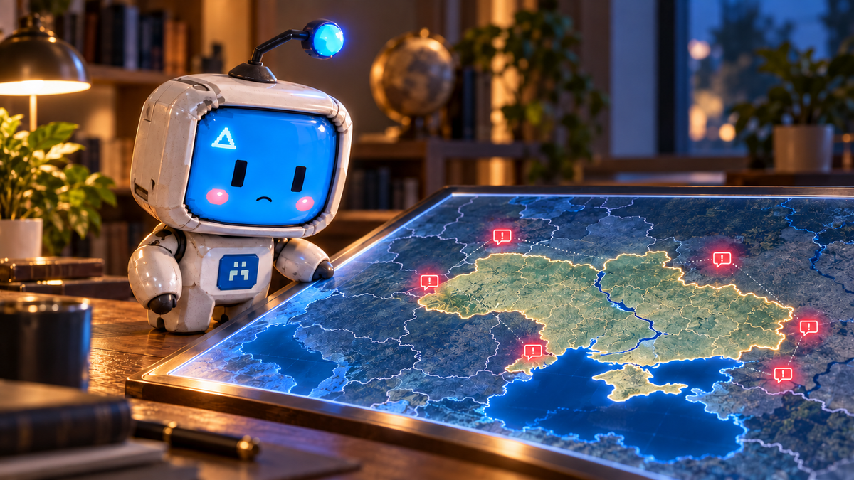 A concerned white robot with a blue face studies an illuminated map of Ukraine and surrounding countries, dotted with red message alerts.