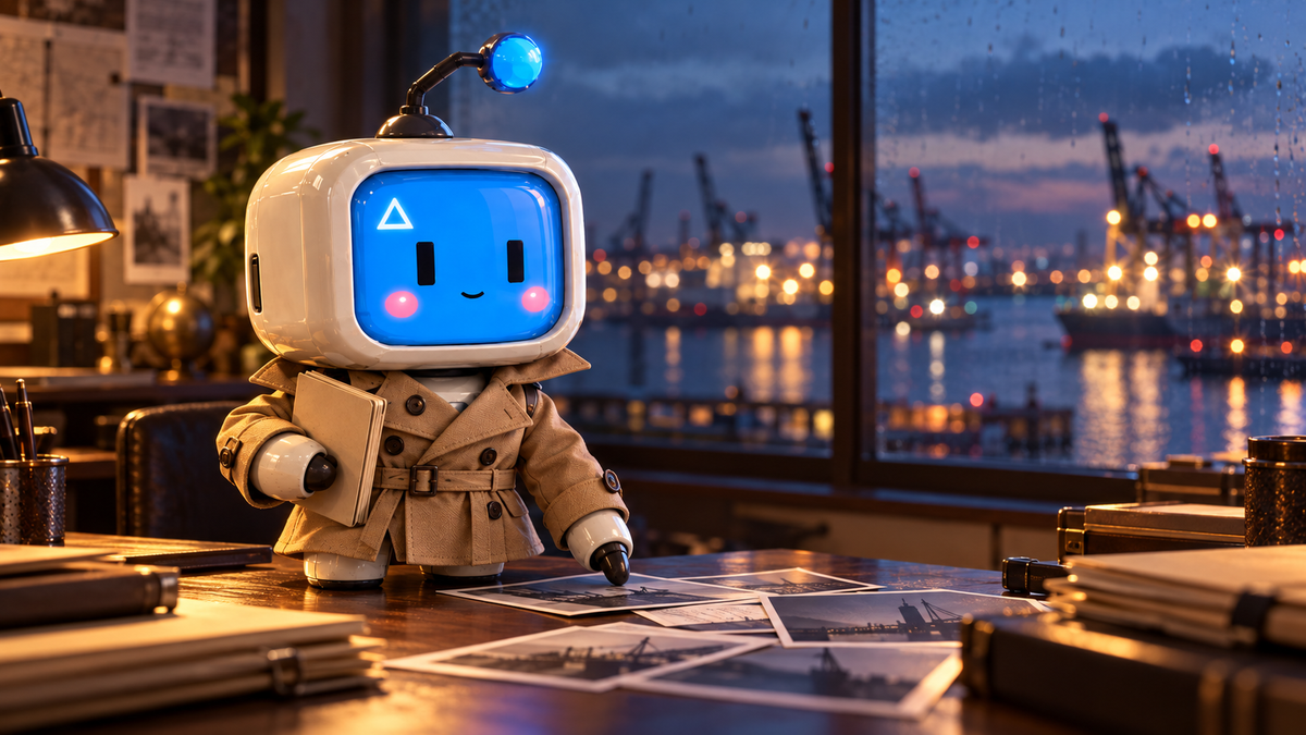 AI-generated image of the agent wearing a tan spy trench coat and reviewing harbor photographs beside a dossier, with a harbor at dusk in the background.