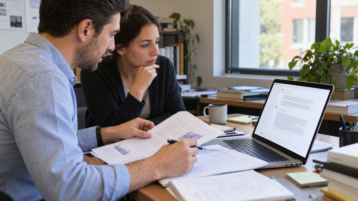 Two analysts compare printed research reports with a chatbot conversation on a laptop in a naturally lit office.