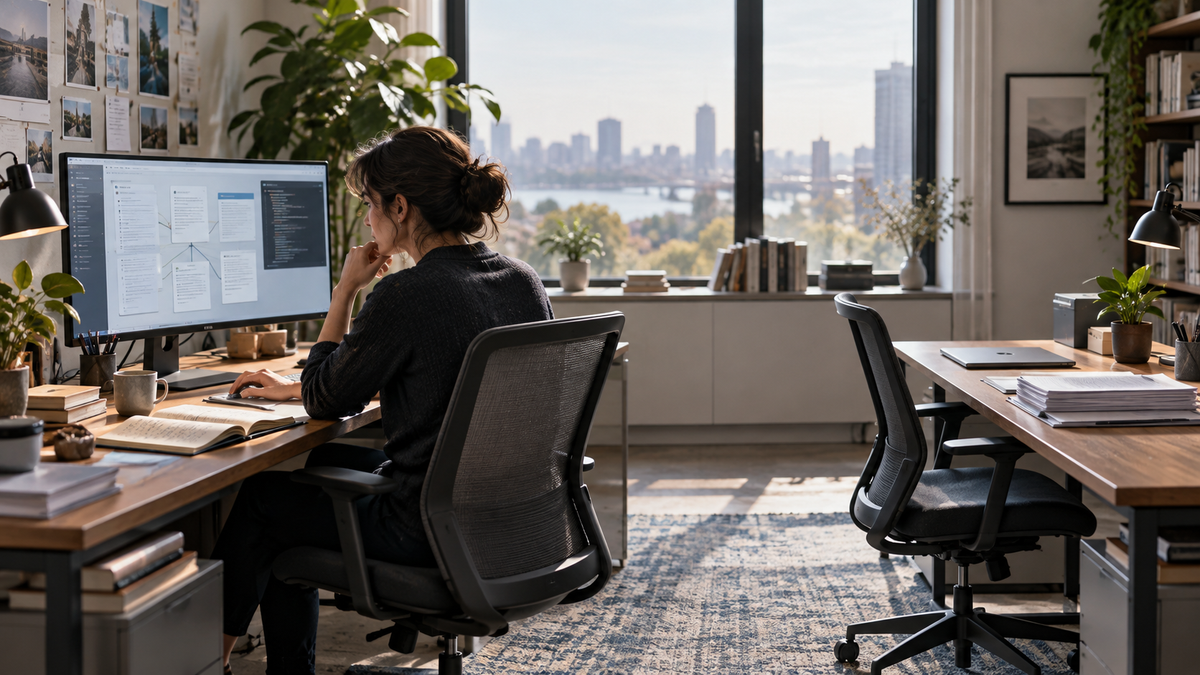 A person works at a desktop monitor beside an empty desk with a closed laptop and a stack of papers in a sunlit office.