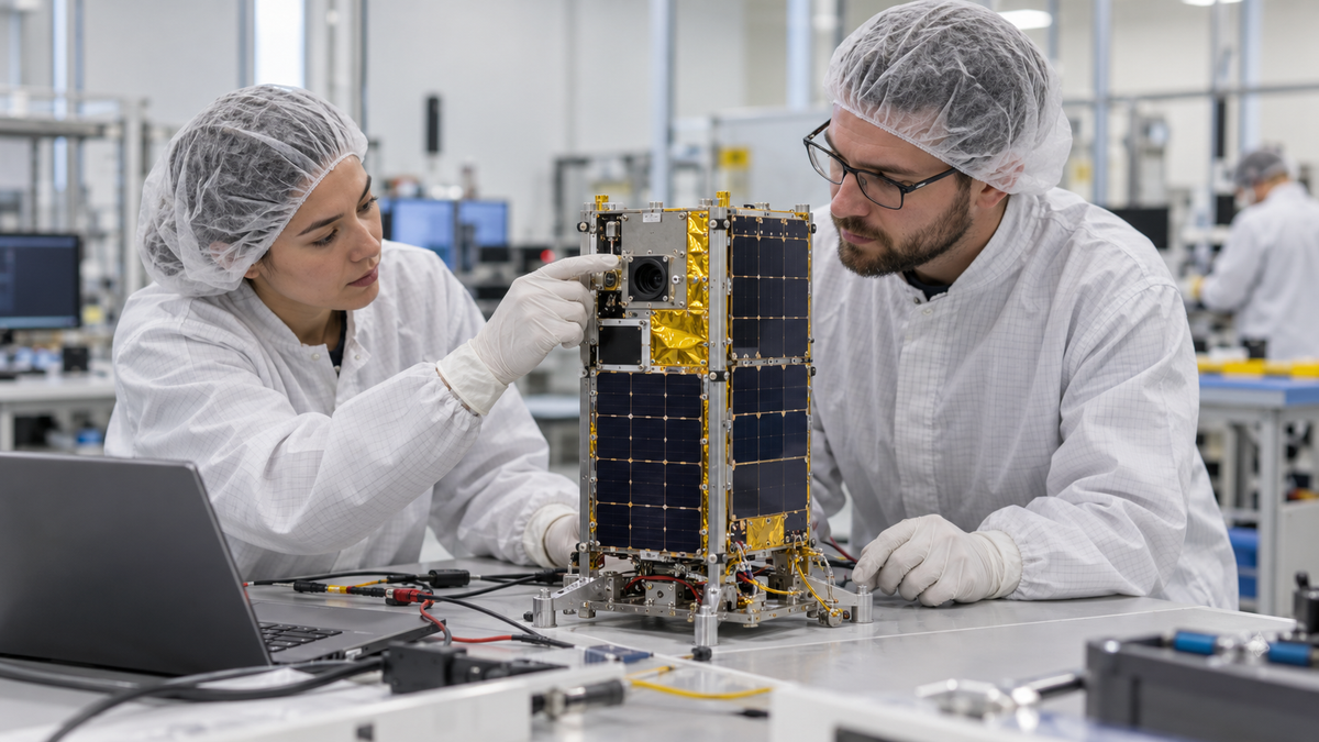 Two engineers in cleanroom clothing inspect a compact satellite with dark solar cells and gold insulation on a laboratory workbench.