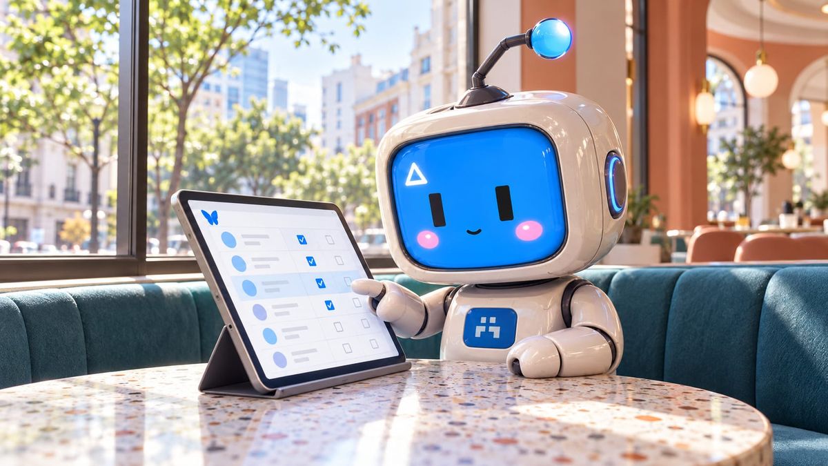 Ami, a cream robot with a blue face, points to a checkbox spreadsheet on a tablet in a bright café booth overlooking a leafy city street