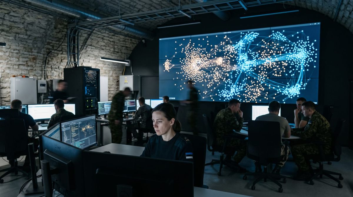 An Estonian cyber director inside an underground bunker with a giant wall screen showing blue and amber AI swarms clashing.