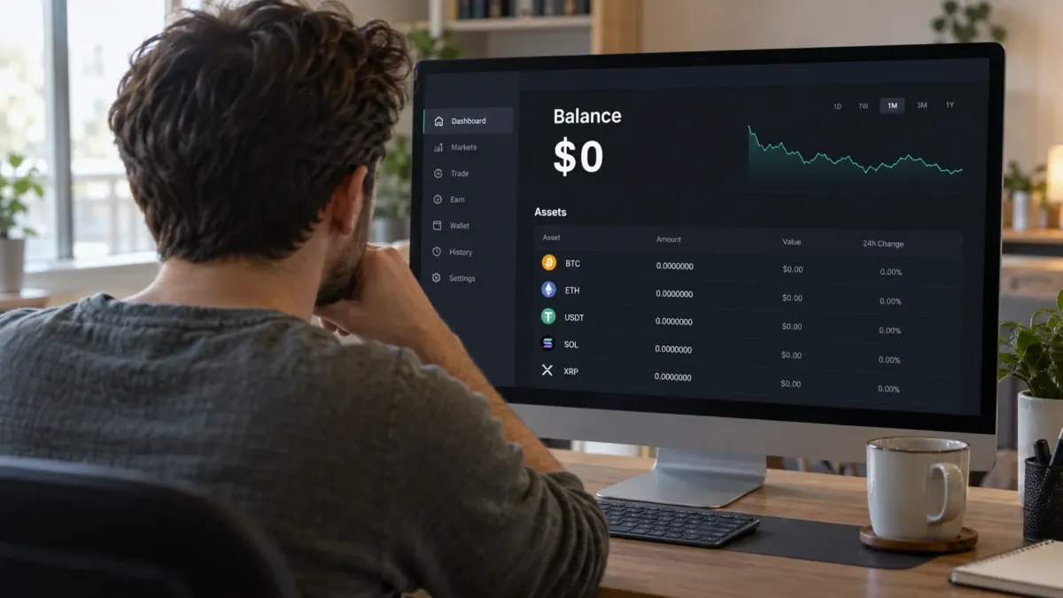 Fictional scene of a person viewing a cryptocurrency exchange dashboard showing a zero balance.
