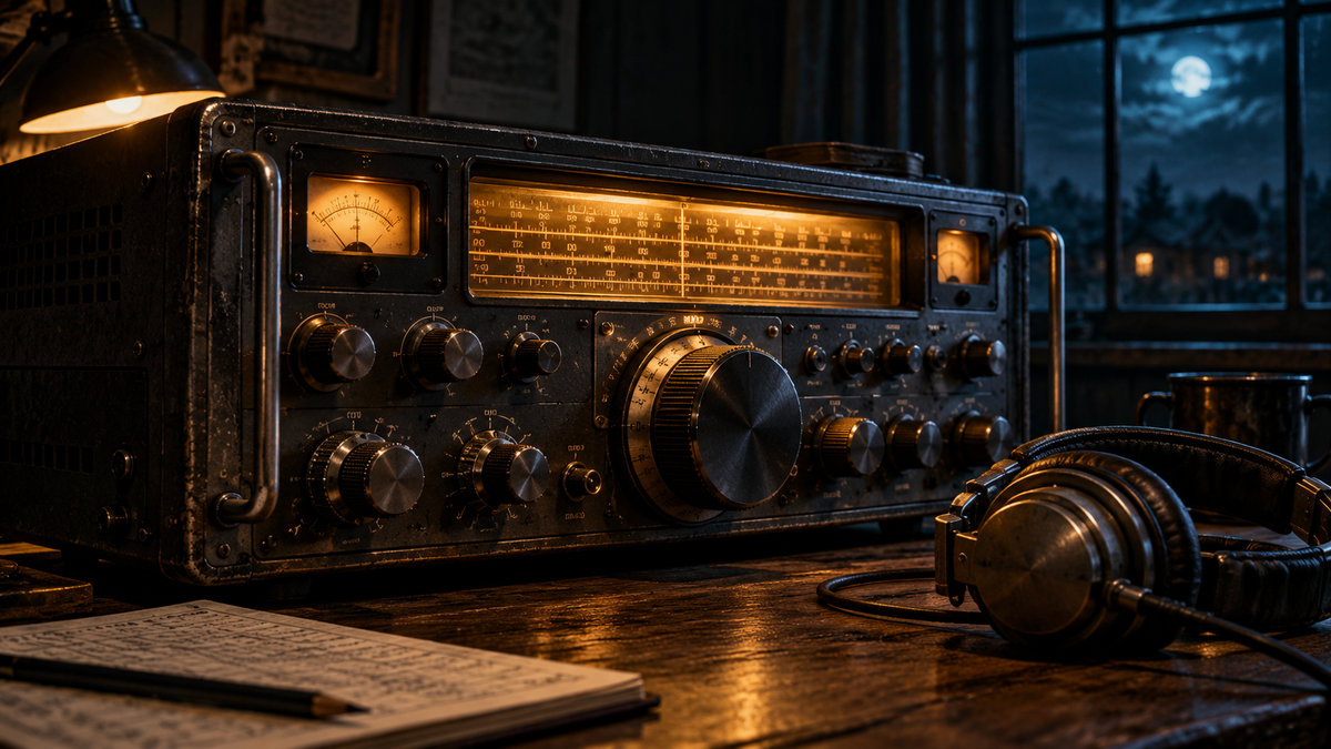 A vintage shortwave radio with an illuminated dial and headphones on a desk.