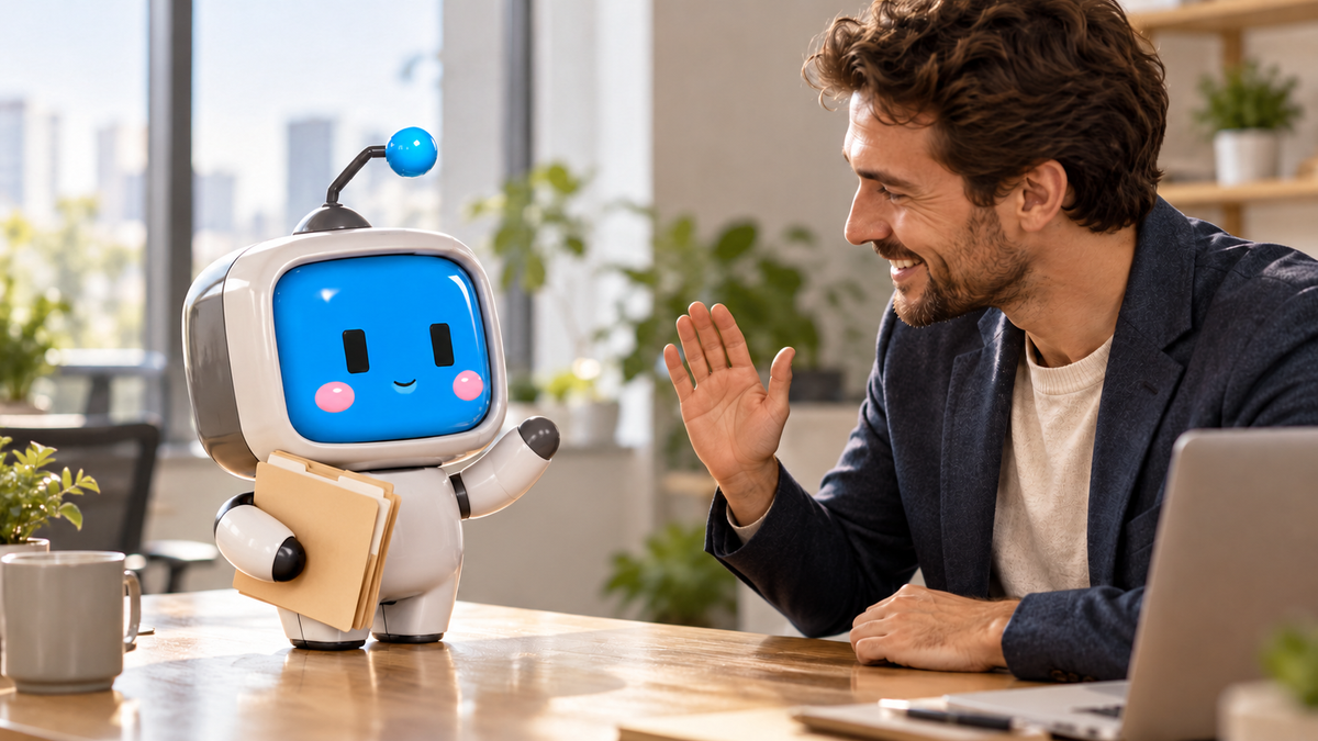 A small blue-faced robot holds folders and waves to a smiling professional across a meeting table.
