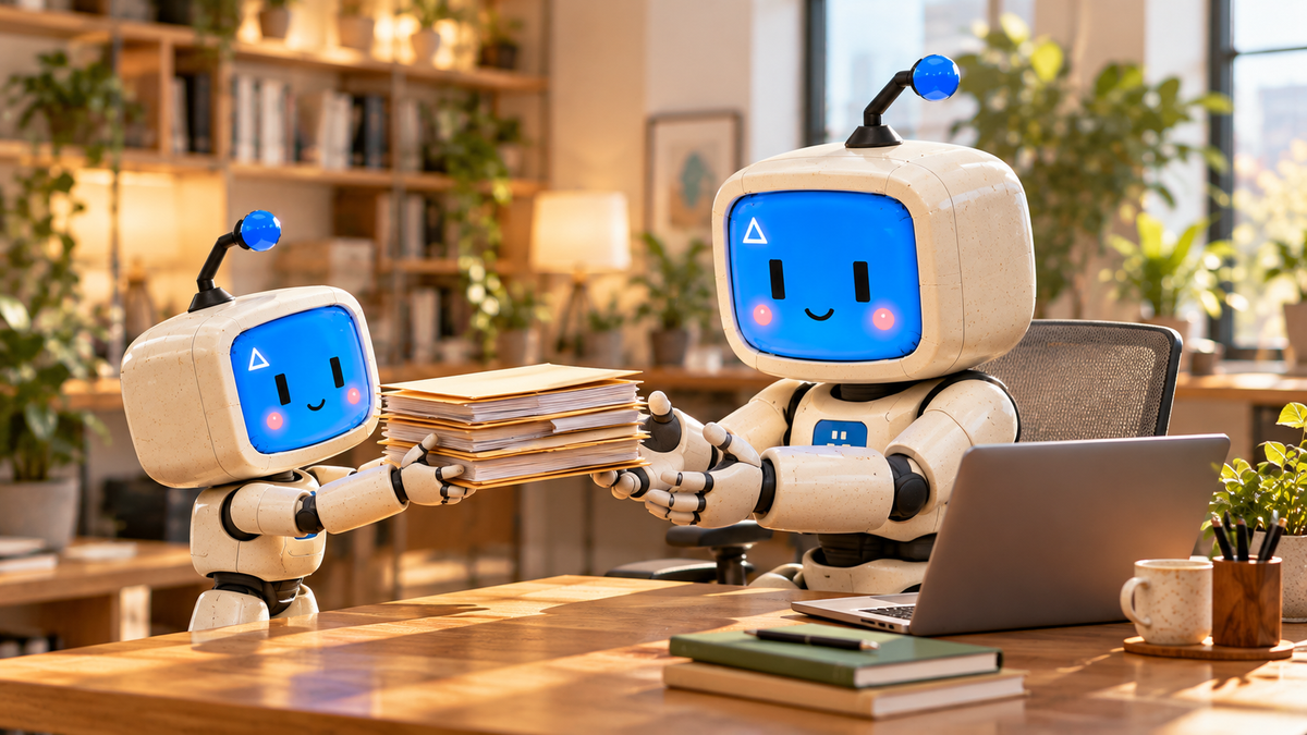 A smaller cream-colored robot hands a stack of folders and papers to a larger matching robot at a wooden desk.