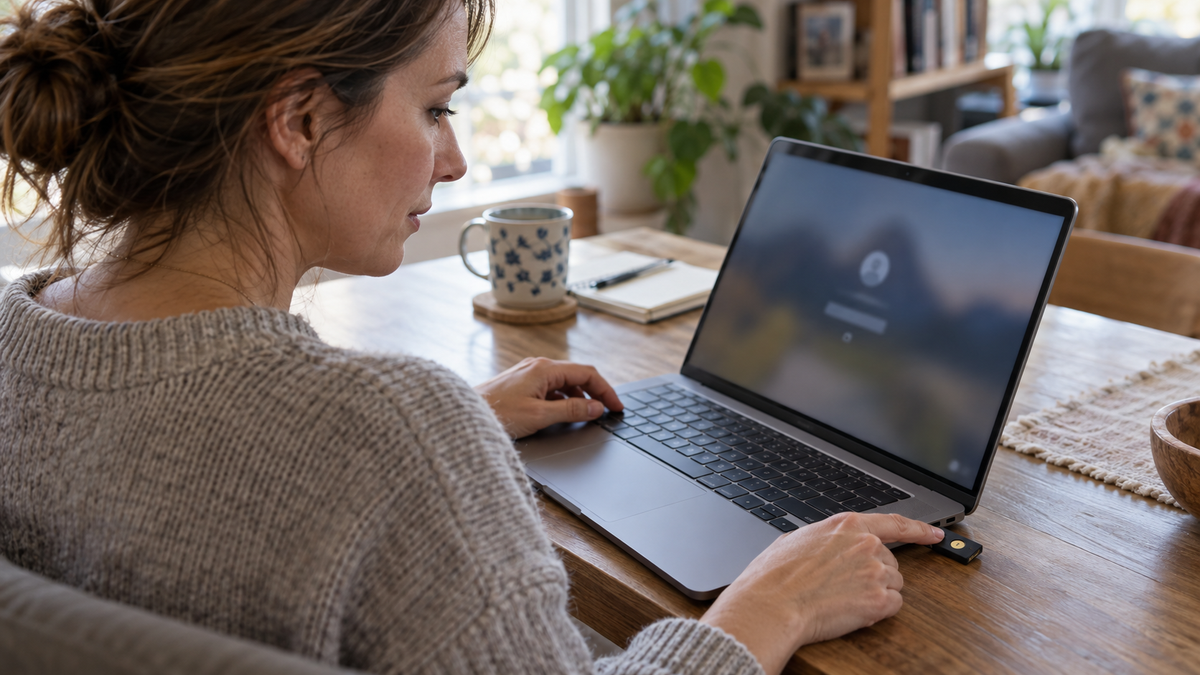 AI-generated image of a woman using a hardware security key with her laptop at home.