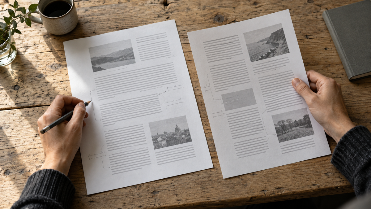 Hands compare two printed reports and mark notes in pencil on a wooden table.