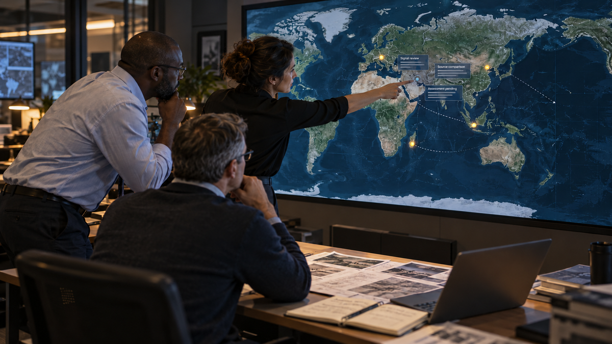 Three intelligence professionals study a world map with subtle analysis panels, while reports and a laptop sit on their desk.
