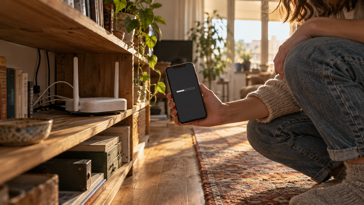A person crouches beside a home Wi-Fi router while holding a phone displaying an update progress bar.