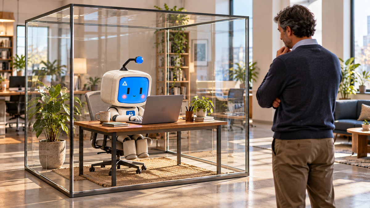 Ami, a cream-colored robot with a blue face, works at a small desk inside a glass cube while a man watches from outside.